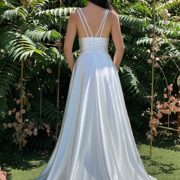 NEW WHITE PROM WEDDING Pleated Bodice Leg Slit A-Line Prom Dress CD903W - Picture 3 of 7